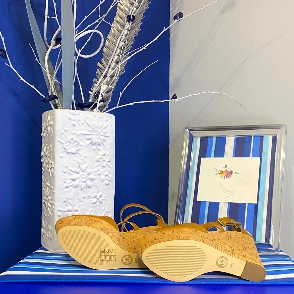 Michael Kors brown cork platform wedge strappy ankle high heel sandals Sz 10 - Picture 13 of 15